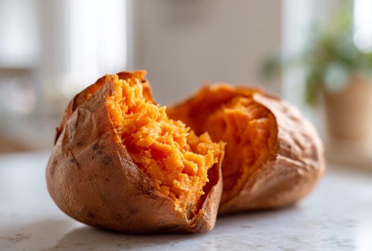 Close-up of a perfectly fluffy baked sweet potato split open, showing bright orange flesh.