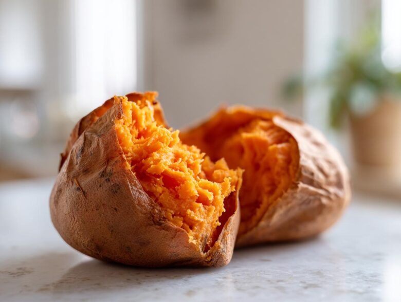 Close-up of a perfectly fluffy baked sweet potato split open, showing bright orange flesh.