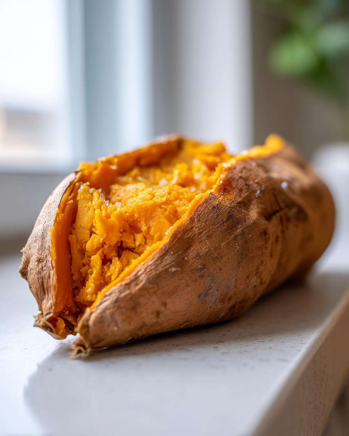A close-up of a fluffy baked sweet potatoes, split open to show the bright orange interior sprinkled with coarse salt.