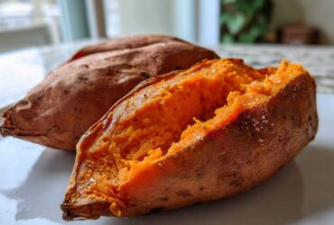 Close-up of a fluffy baked sweet potato split open, showing bright orange flesh sprinkled with sea salt.