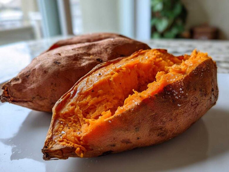 Close-up of a fluffy baked sweet potato split open, showing bright orange flesh sprinkled with sea salt.