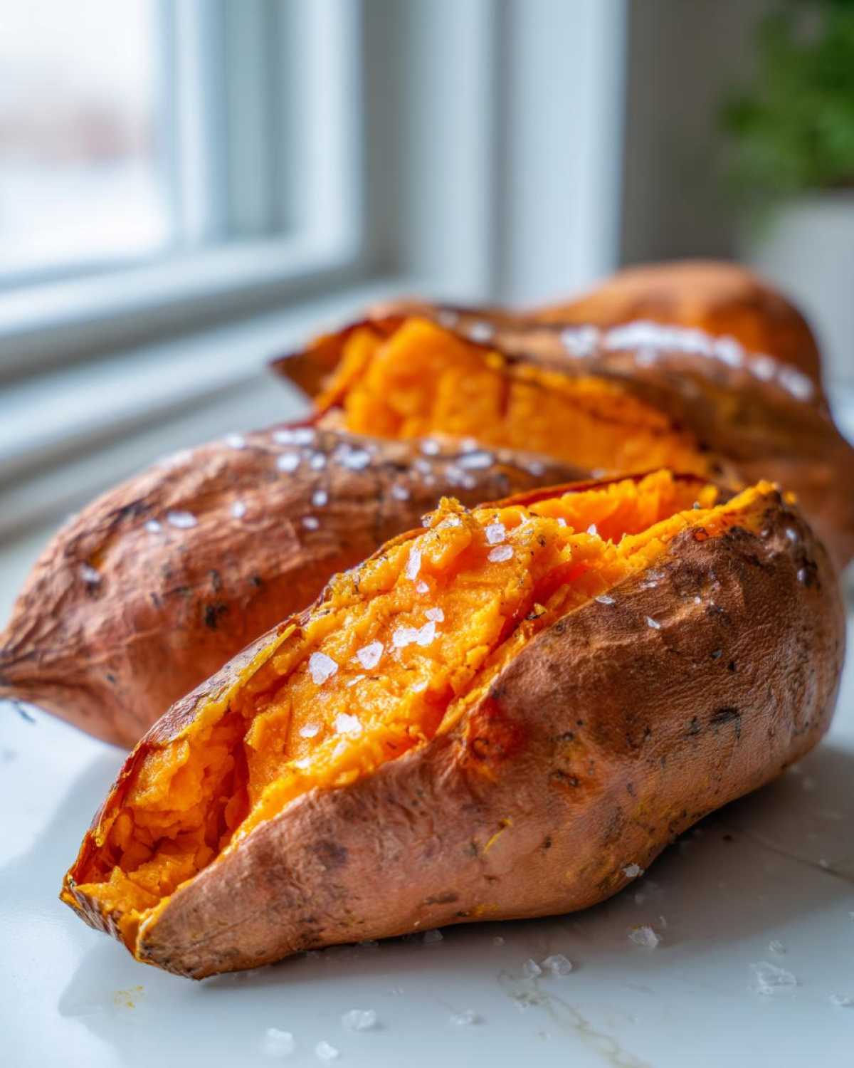 Close-up of fluffy baked sweet potatoes split open and topped with coarse sea salt crystals.