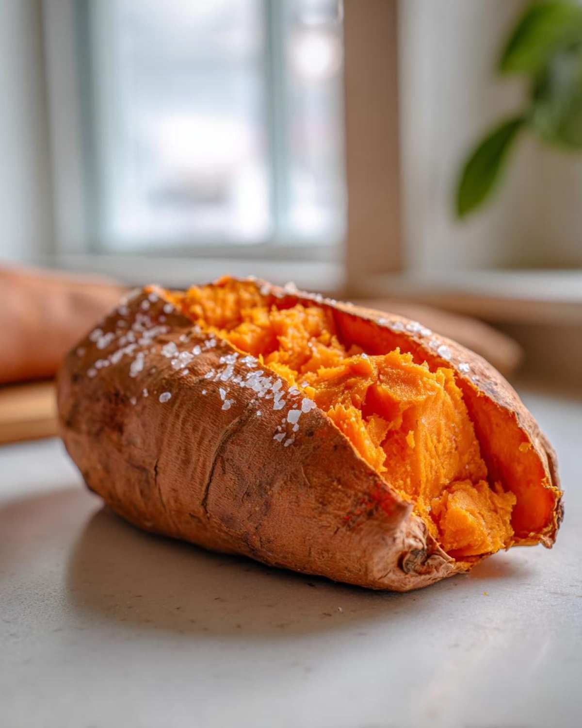 A close-up of a fluffy baked sweet potatoes, split open and topped with coarse sea salt.