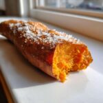 Close-up of a fluffy baked sweet potatoes, split open and topped with coarse sea salt crystals.