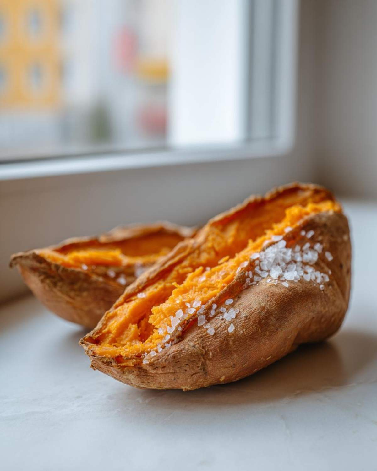 Two halves of fluffy baked sweet potatoes sprinkled generously with coarse sea salt.