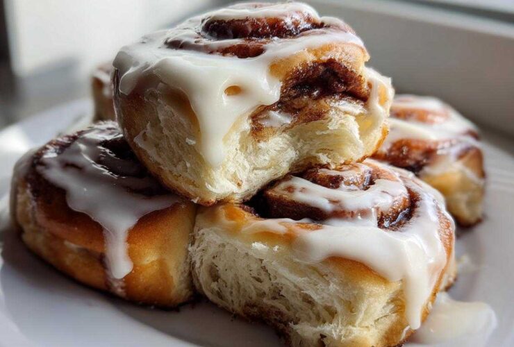 A stack of freshly baked, fluffy cinnamon roll pastries generously topped with dripping white cream cheese icing.