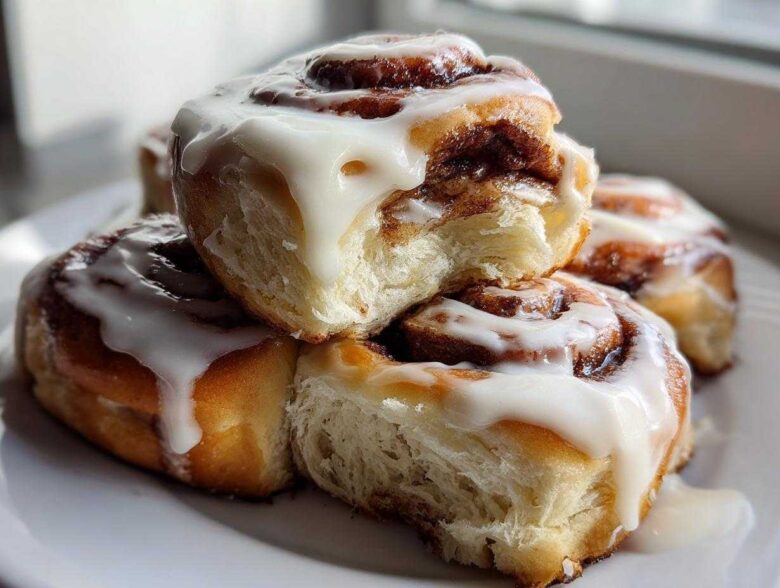 A stack of freshly baked, fluffy cinnamon roll pastries generously topped with dripping white cream cheese icing.