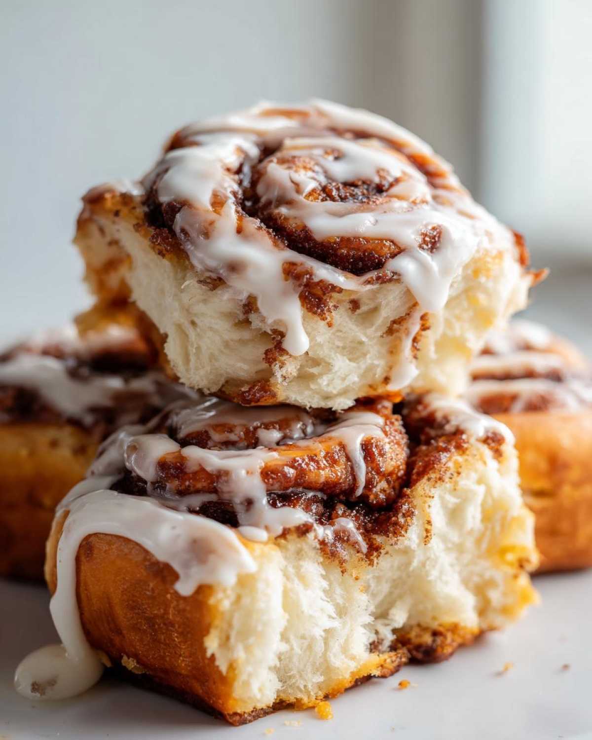 Close-up of fluffy, stacked cinnamon rolls dripping with white cream cheese icing.