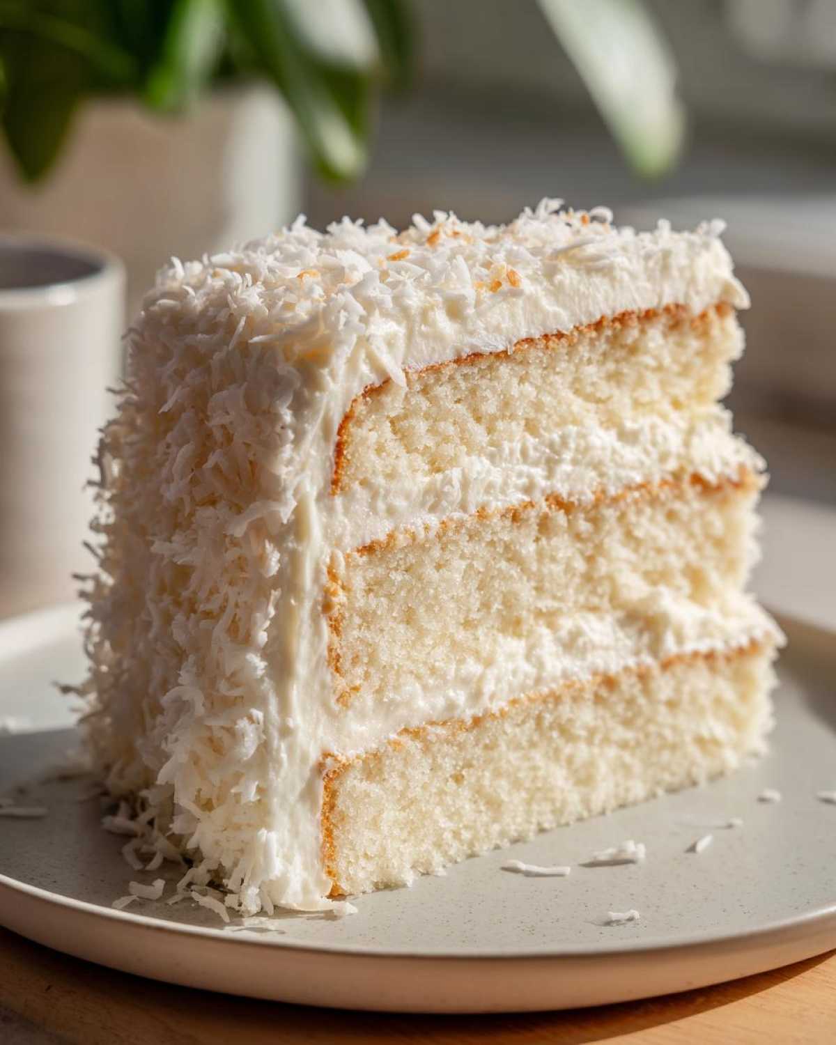 A tall, moist slice of three-layer coconut cake covered in white frosting and shredded coconut.