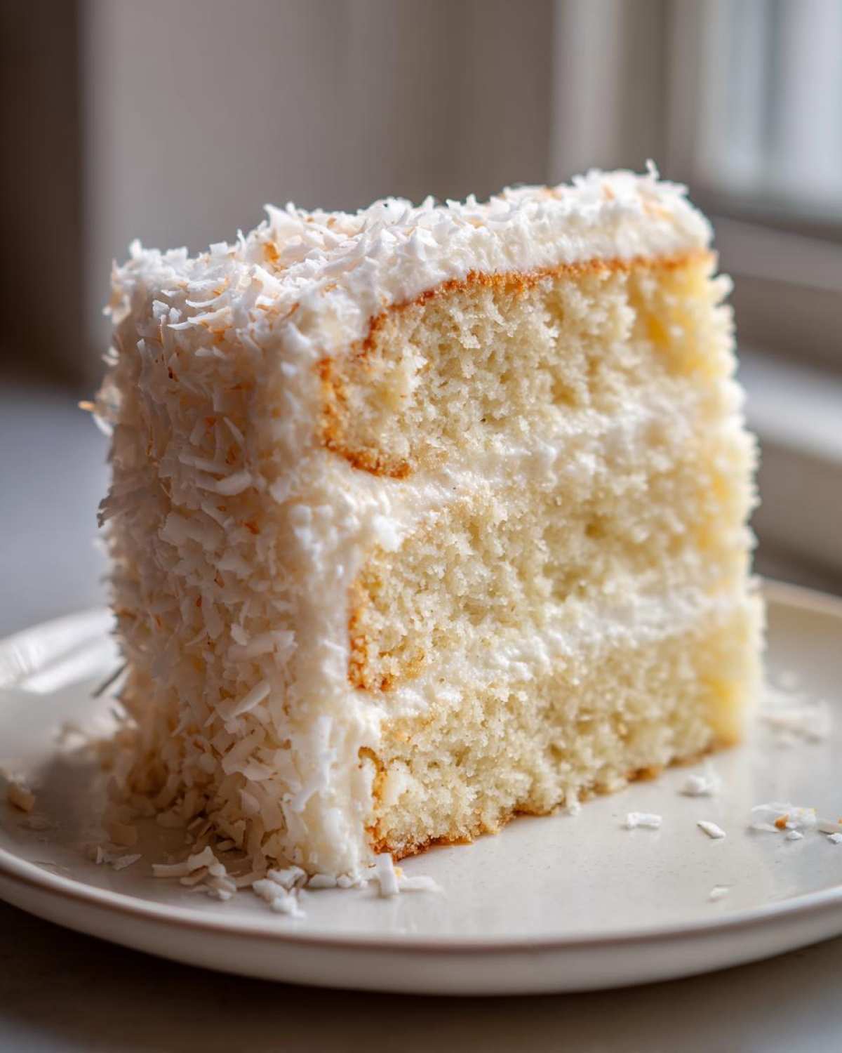 Close-up of a moist slice of fluffy coconut cake layered with white frosting and covered in shredded coconut.
