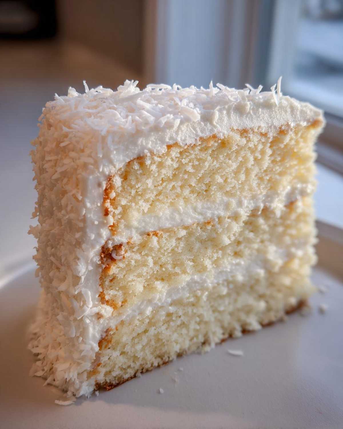 Close-up of a moist, fluffy slice of coconut cake layered with white frosting and covered in shredded coconut.