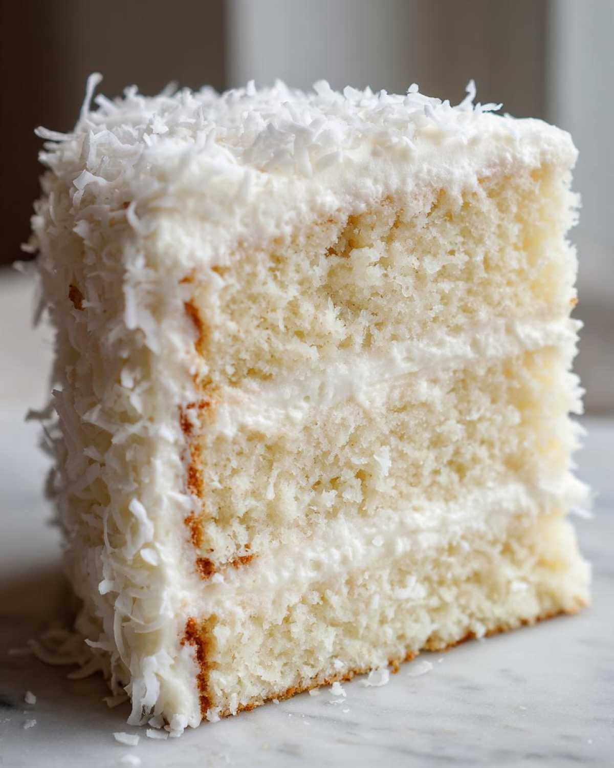 Close-up of a moist, fluffy slice of layered coconut cake covered in white frosting and shredded coconut.
