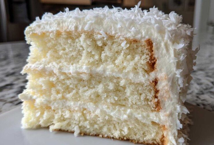 Close-up of a thick slice of fluffy coconut cake layered with white frosting and topped with shredded coconut.