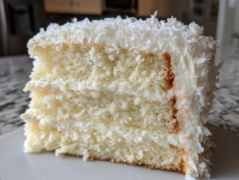 Close-up of a thick slice of fluffy coconut cake layered with white frosting and topped with shredded coconut.