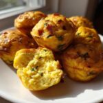 A pile of fluffy, golden brown egg bites, one broken open to show the texture, served on a white plate.