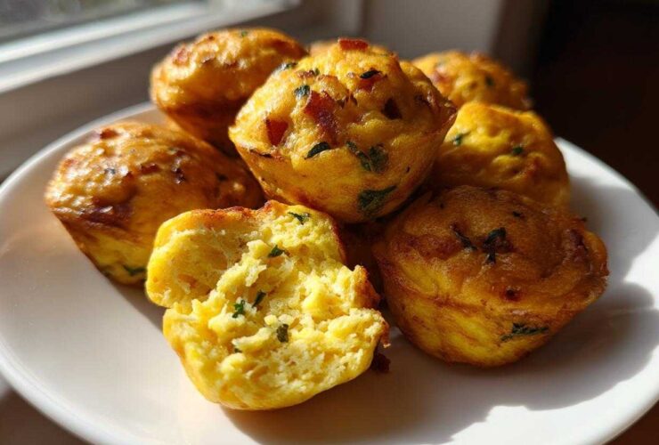 A pile of fluffy, golden brown egg bites, one broken open to show the texture, served on a white plate.