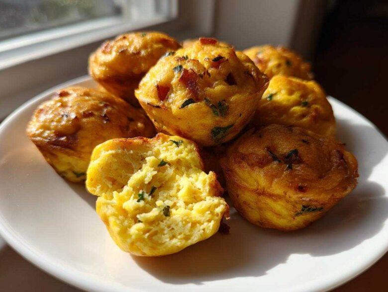 A pile of fluffy, golden brown egg bites, one broken open to show the texture, served on a white plate.