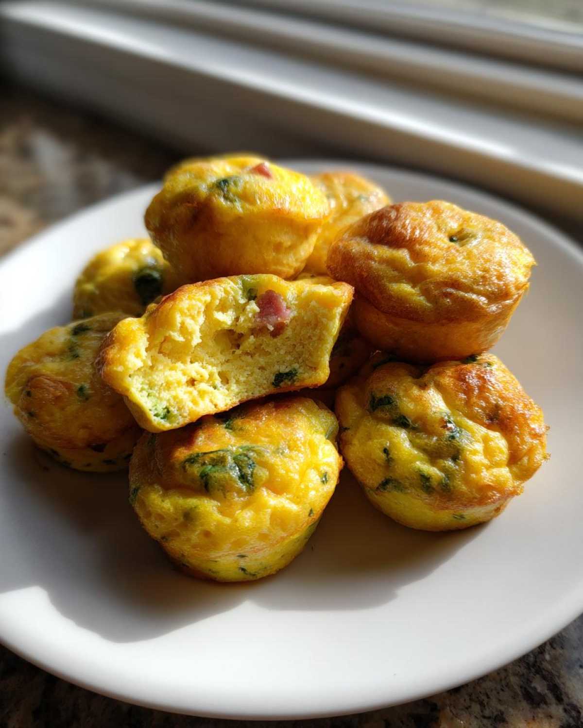 A stack of fluffy, golden yellow egg bites with visible bits of ham and spinach, one cut in half, on a white plate.
