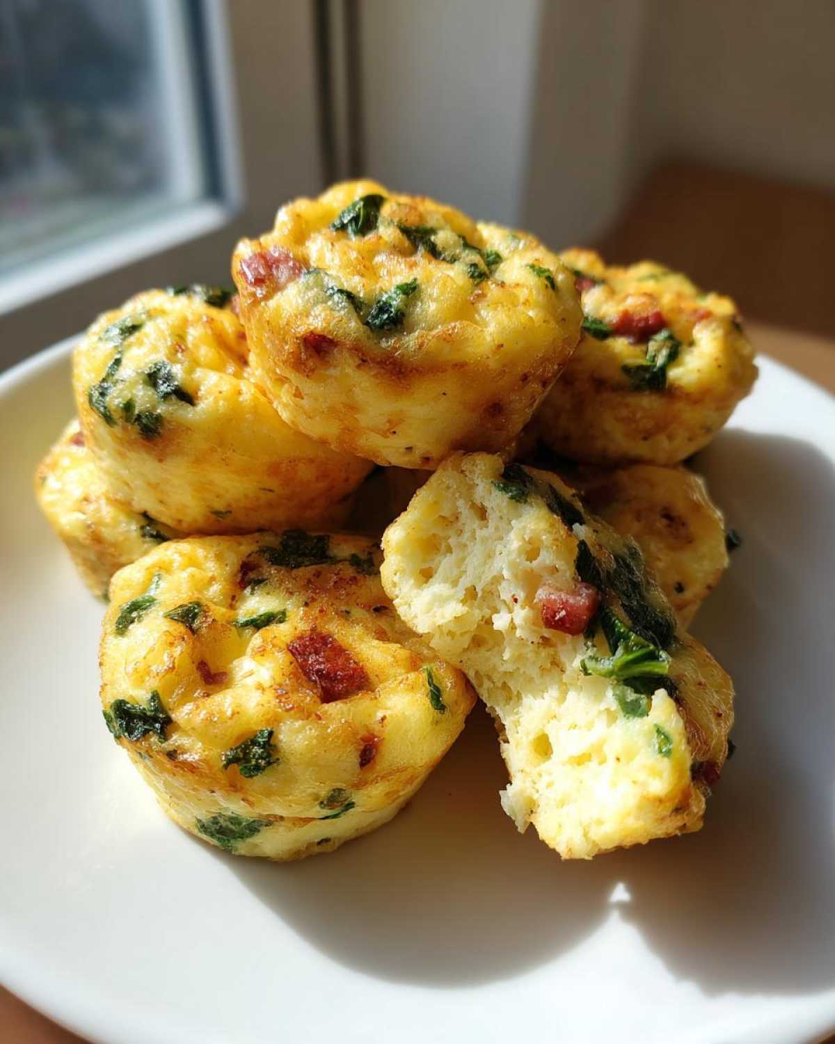 A stack of fluffy egg bites, one broken open showing the airy texture, spinach, and bacon pieces inside.