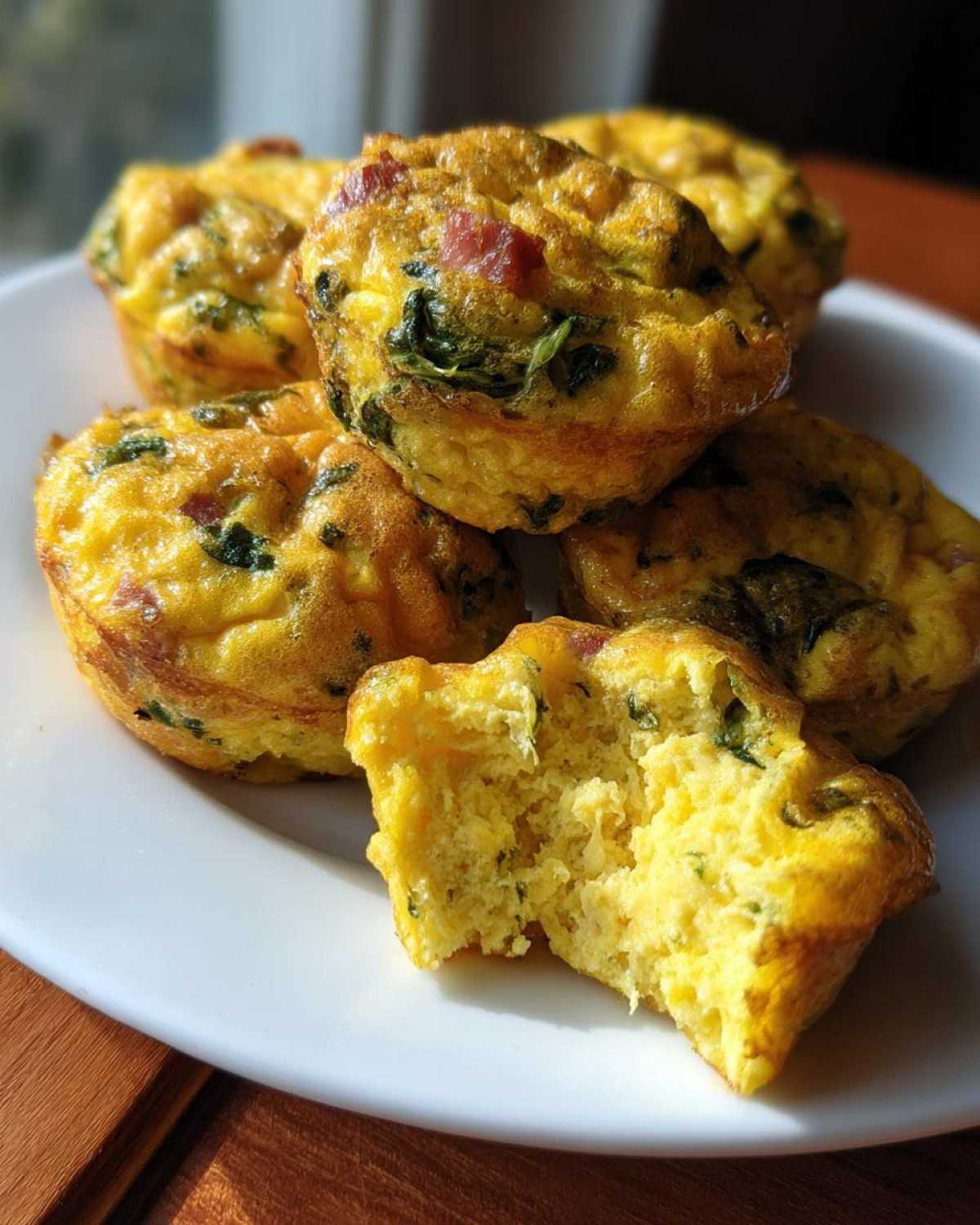 A stack of fluffy egg bites, with one broken open to show the texture inside. These egg bites contain spinach and bacon.