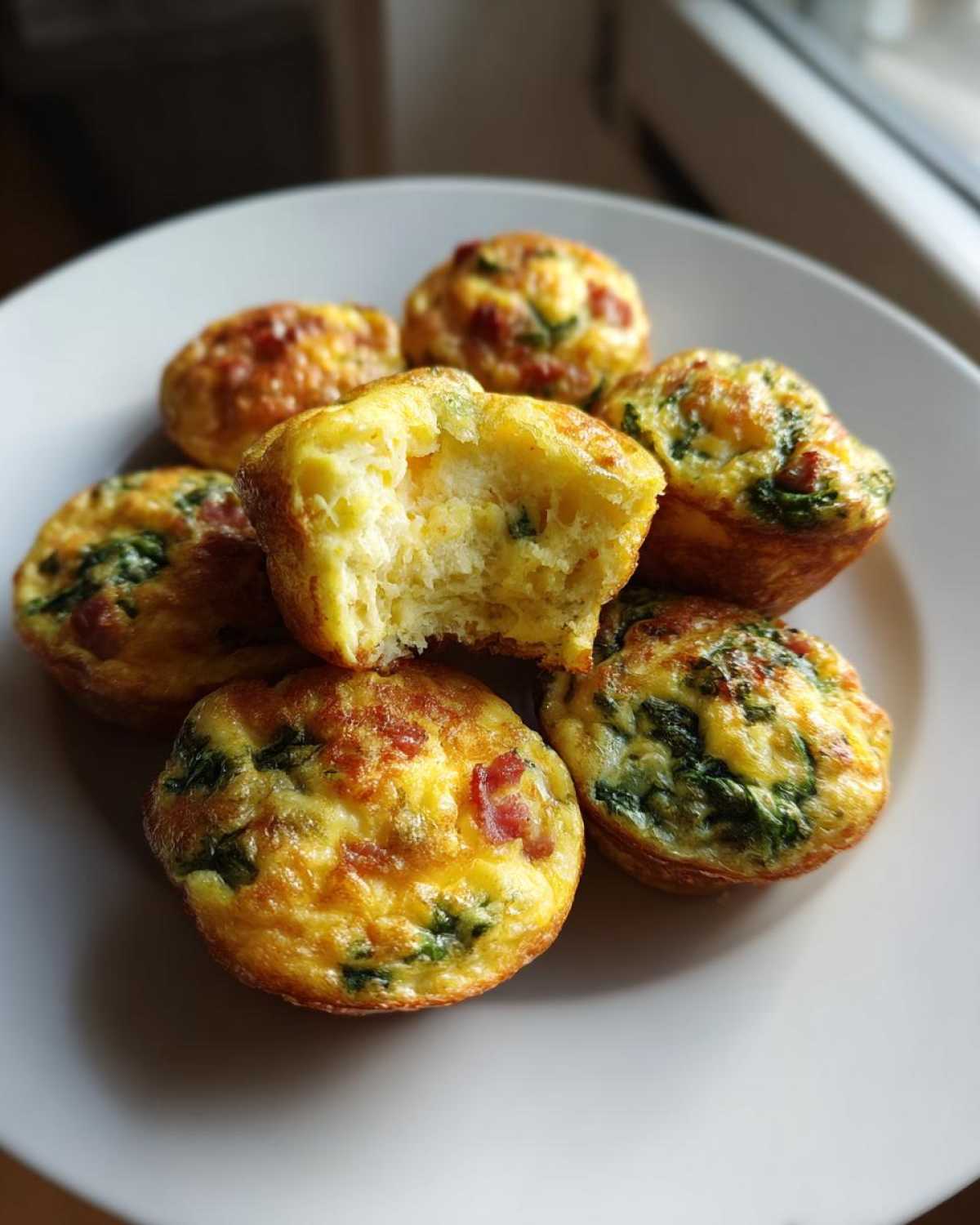 A pile of fluffy egg bites, one broken open to show the texture, served on a white plate.