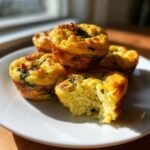 A stack of four fluffy egg bites, one with a bite taken out, showing the texture inside. Perfect copycat egg bites.