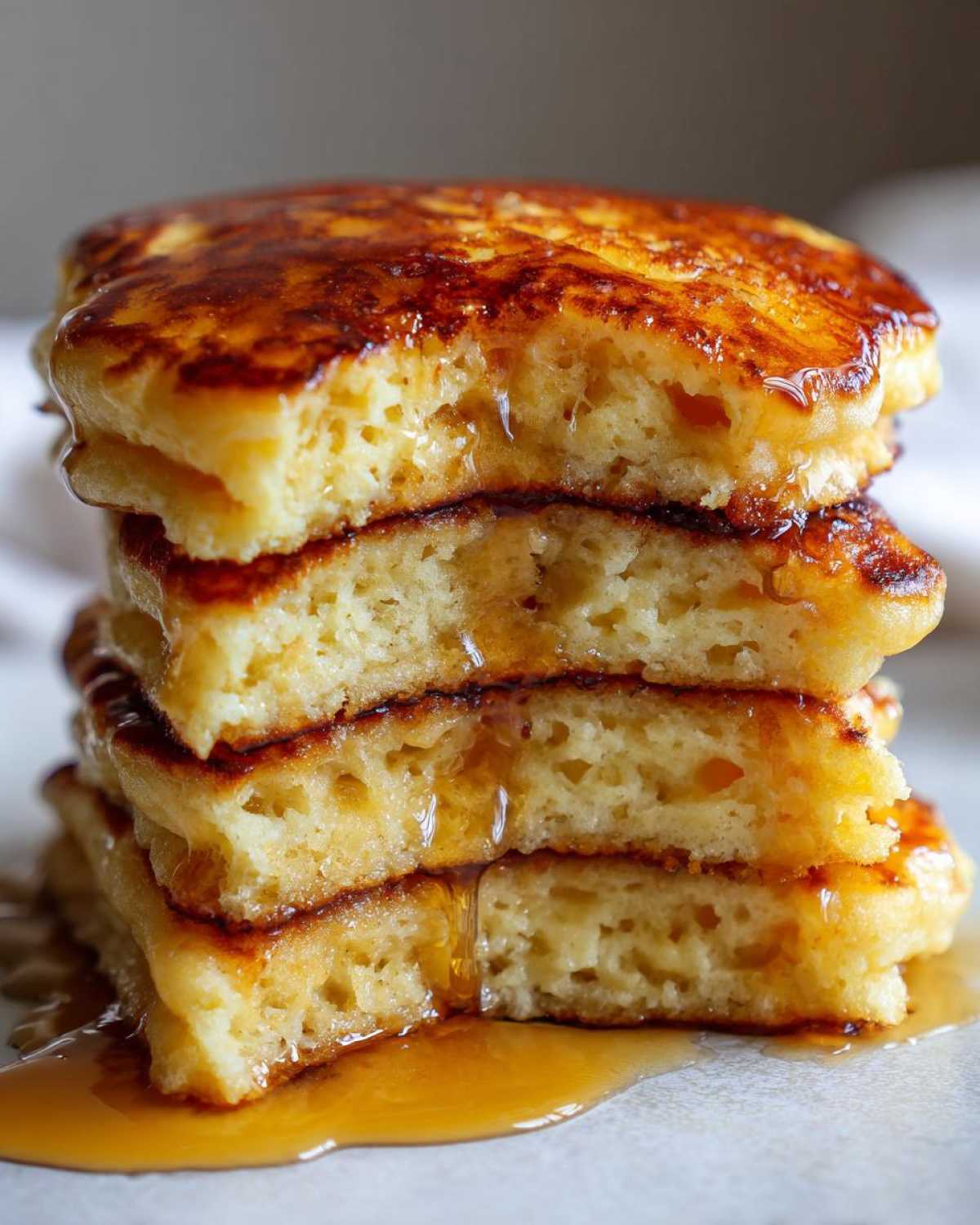 Close-up of a tall stack of fluffy greek yogurt pancakes dripping with golden syrup.