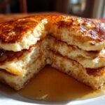 Close-up of a fluffy stack of greek yogurt pancakes, cut to show the interior texture, drizzled with syrup.