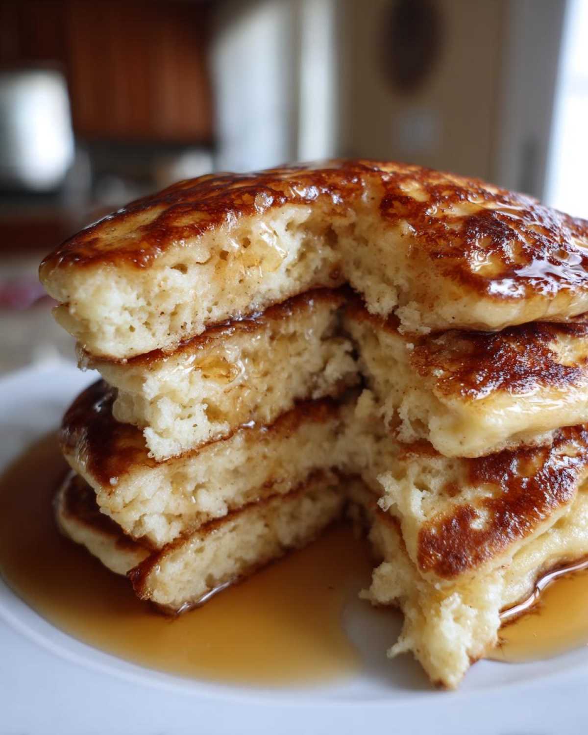Close-up of a fluffy stack of greek yogurt pancakes, cut open to show the airy texture, drizzled with syrup.