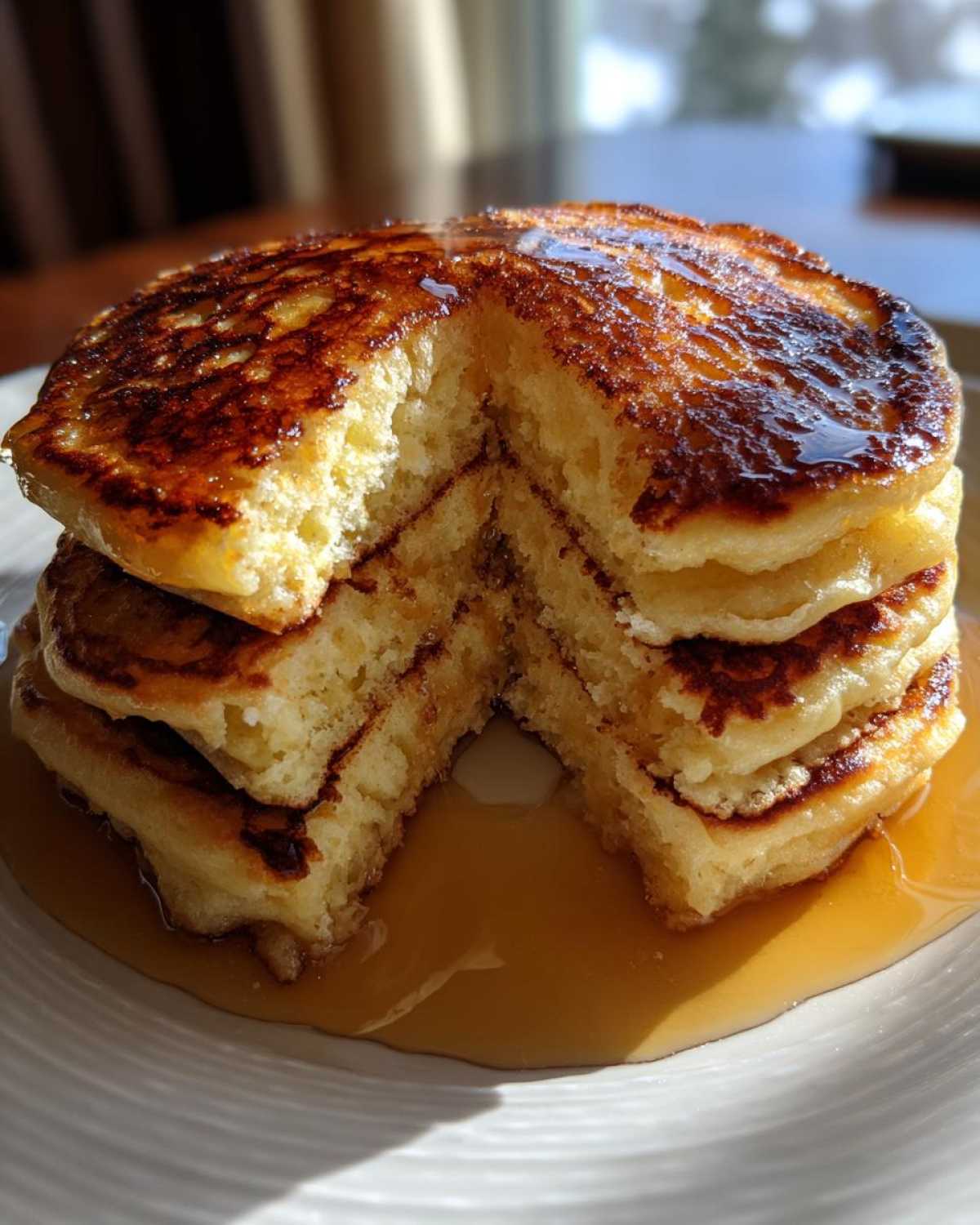 A tall stack of fluffy greek yogurt pancakes, cut open to show the interior, drizzled with maple syrup.
