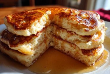 Close-up of a fluffy stack of greek yogurt pancakes, cut to show the interior texture, drizzled with syrup.