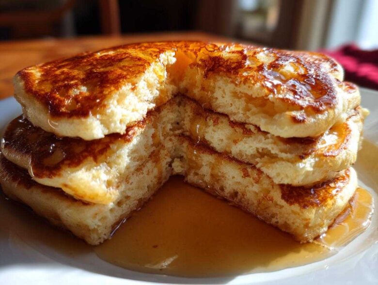 Close-up of a fluffy stack of greek yogurt pancakes, cut to show the interior texture, drizzled with syrup.