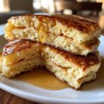 Close-up of a fluffy stack of greek yogurt pancakes cut in half, drizzled generously with golden syrup.