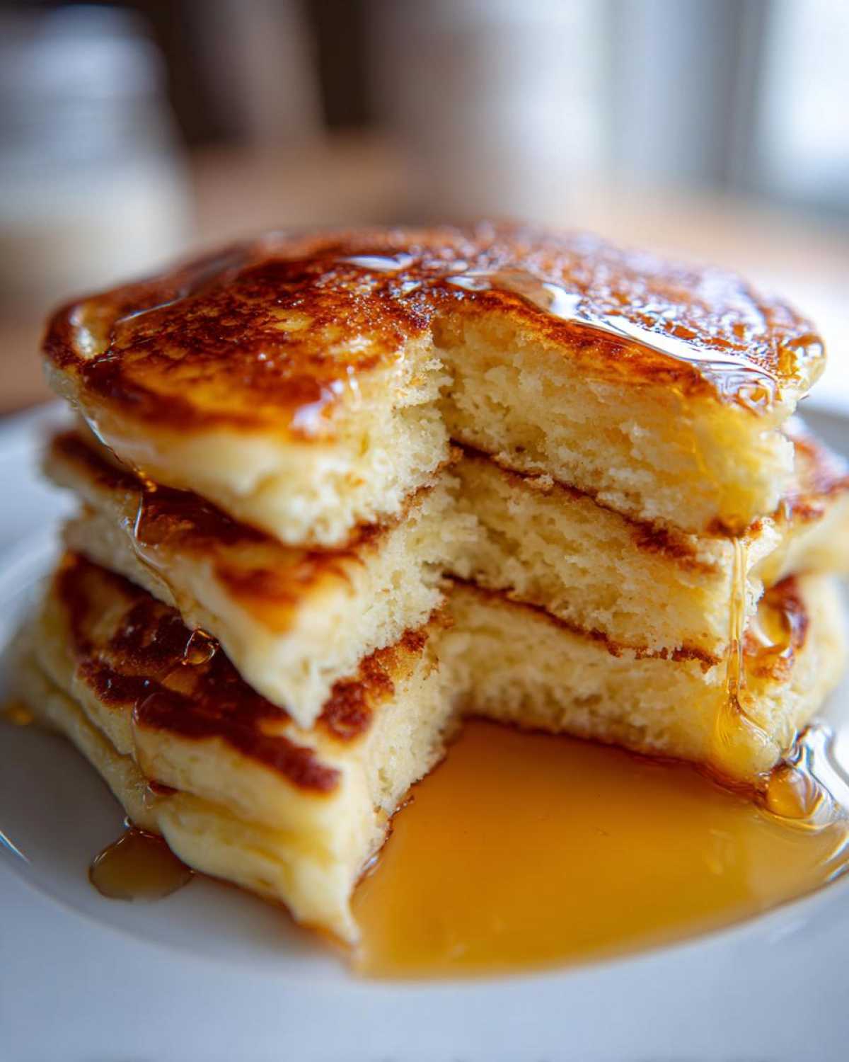 Close-up of a fluffy stack of greek yogurt pancakes with a slice removed, dripping with golden syrup.