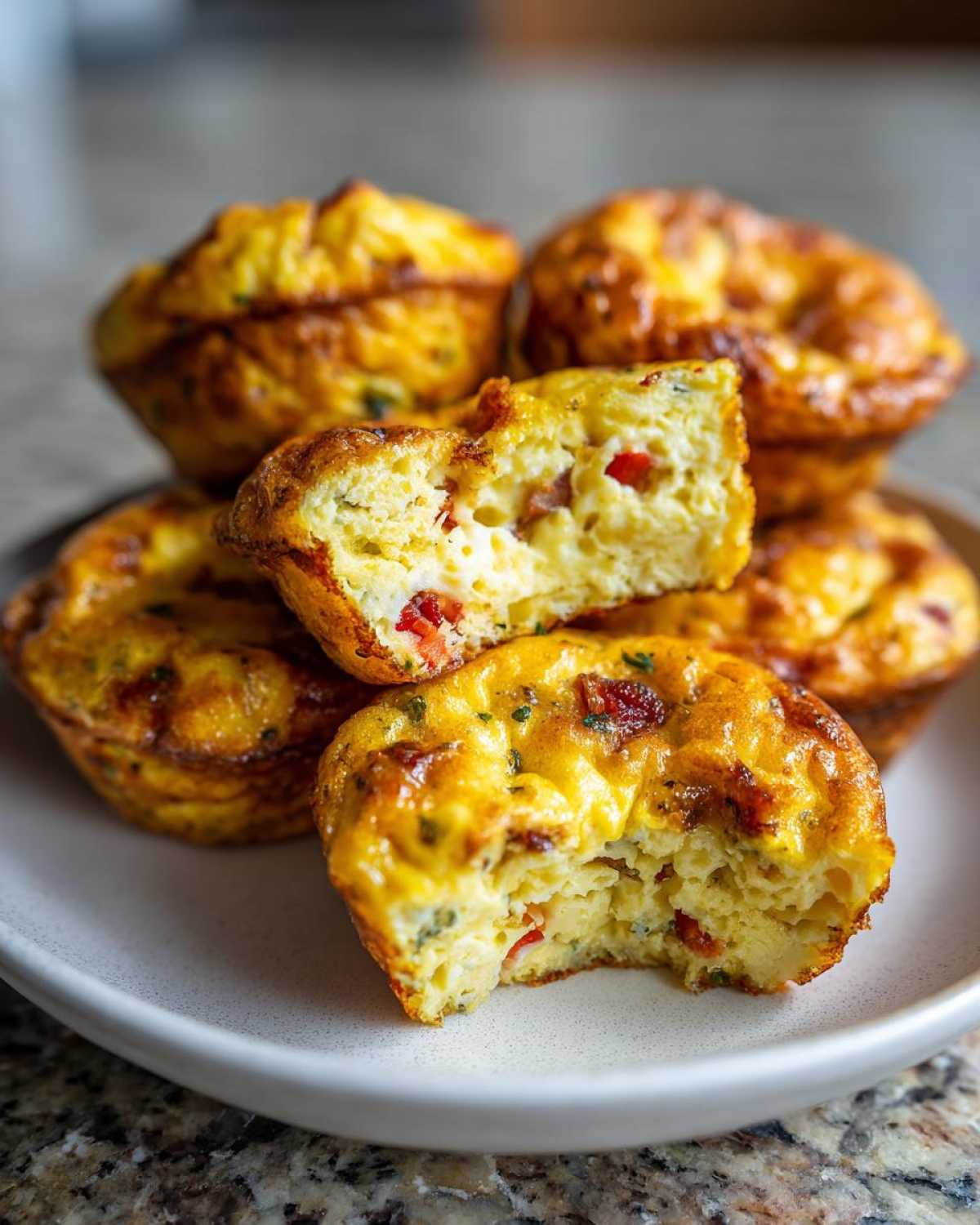 Close-up of several fluffy muffin tin egg bites on a plate, one cut open showing red peppers and herbs inside.