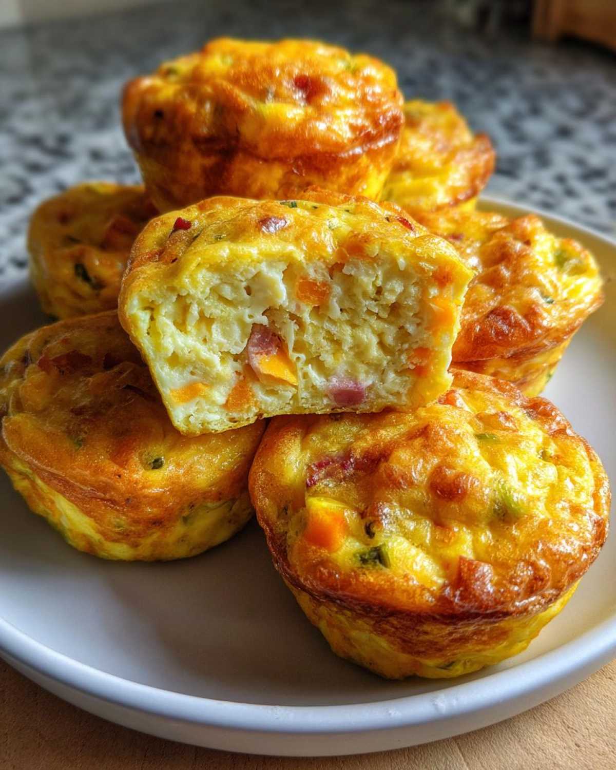 A stack of golden brown muffin tin egg bites, one cut in half showing ham and vegetables inside.