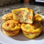 A stack of golden muffin tin egg bites, one cut in half showing fluffy texture and diced carrots/peppers.