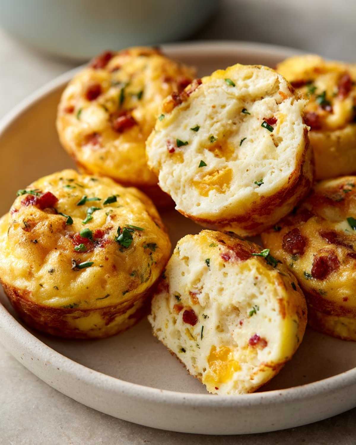 A close-up of fluffy muffin tin egg bites, one cut in half showing cheese and bacon inside.