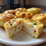 A plate of fluffy muffin tin egg bites, one cut in half showing colorful peppers and corn inside.