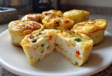 A plate of fluffy muffin tin egg bites, one cut in half showing colorful peppers and corn inside.