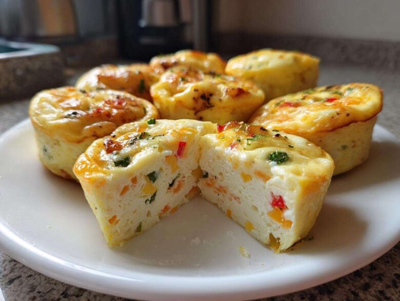 A plate of fluffy muffin tin egg bites, one cut in half showing colorful peppers and corn inside.