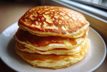 A tall stack of four golden brown, very fluffy pancakes served on a white plate.