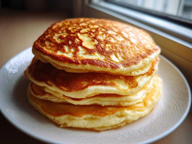 A tall stack of four golden brown, very fluffy pancakes served on a white plate.