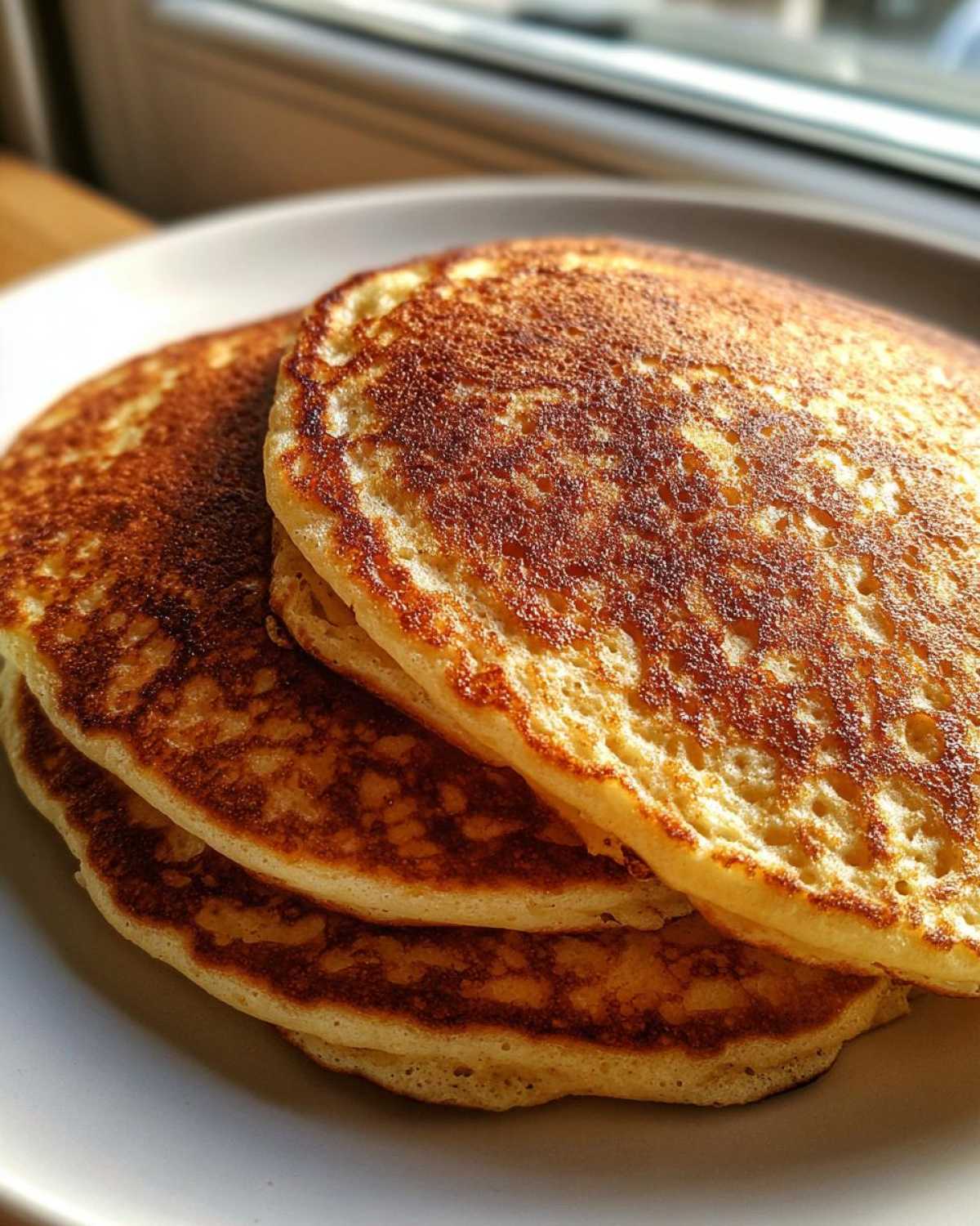 Close-up of a stack of three golden-brown, fluffy sourdough pancakes on a light plate.