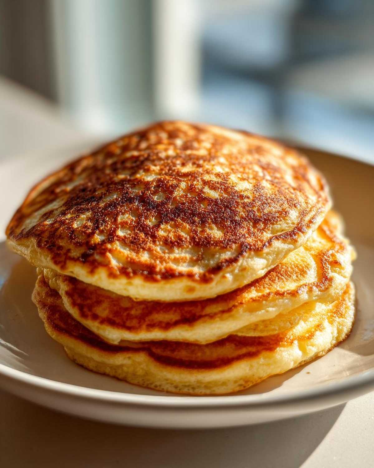 A close-up of a tall stack of fluffy sourdough pancakes with golden-brown, textured tops.