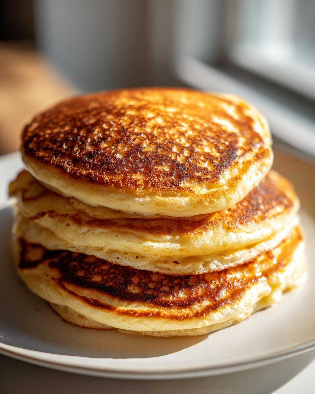 A tall stack of four fluffy sourdough pancakes with golden-brown, perfectly cooked tops.