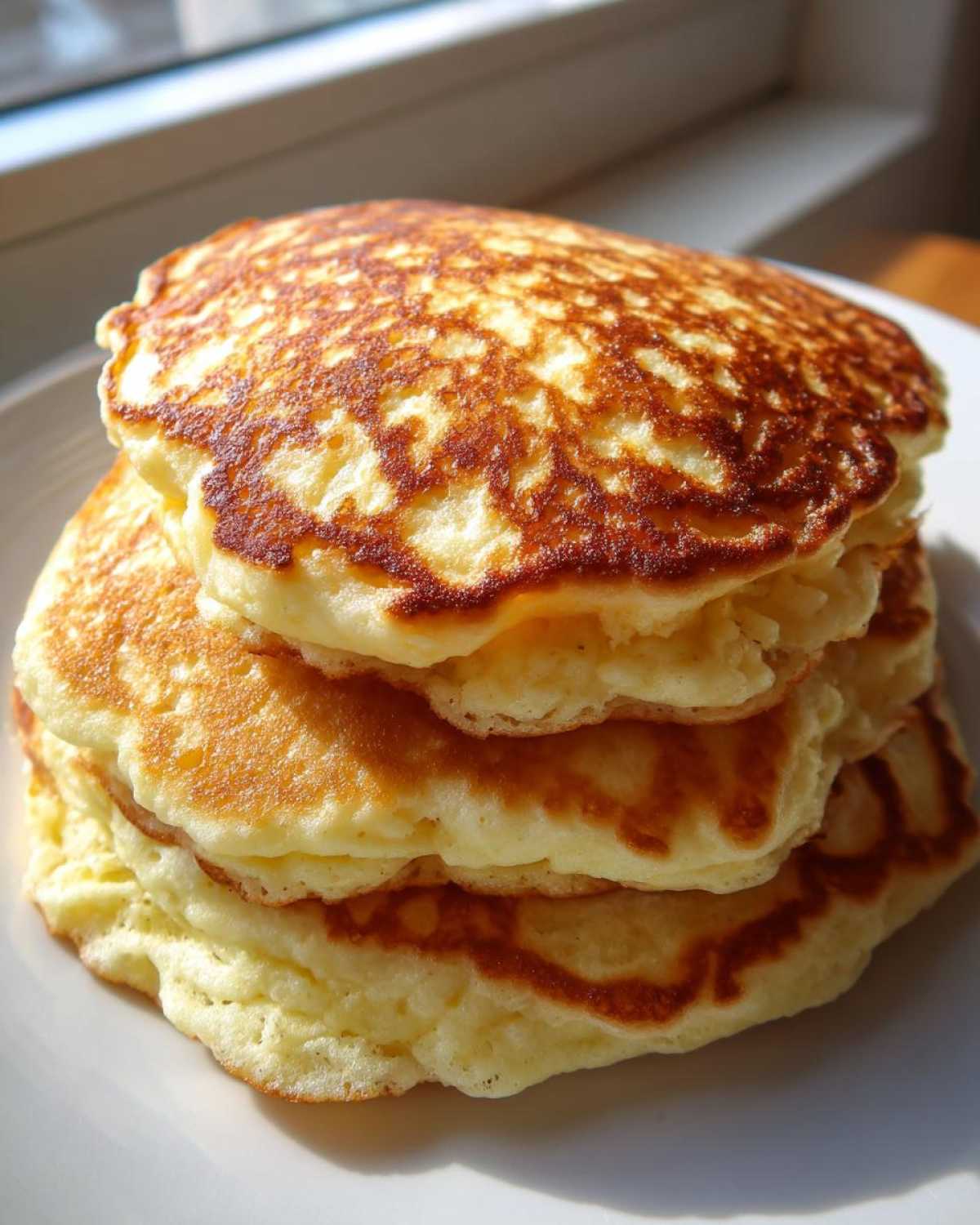 A tall stack of three thick, fluffy sourdough pancakes with golden-brown edges on a white plate.