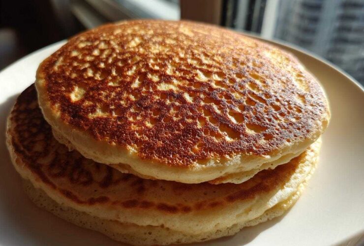 Close-up of a stack of fluffy sourdough pancakes with perfectly golden-brown, bubbly tops.