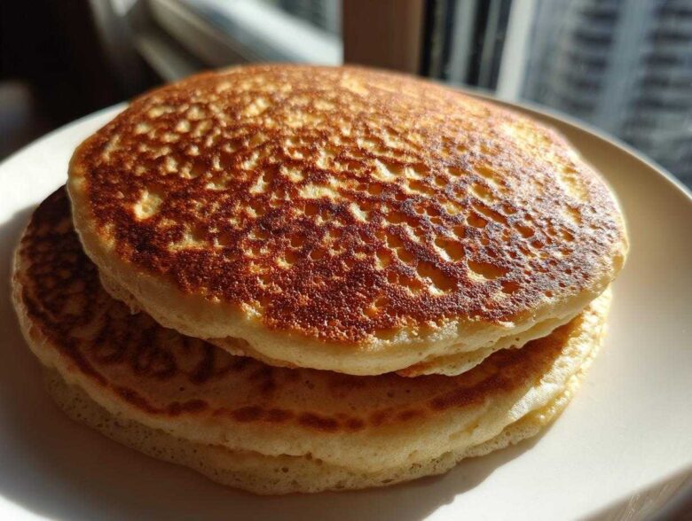 Close-up of a stack of fluffy sourdough pancakes with perfectly golden-brown, bubbly tops.