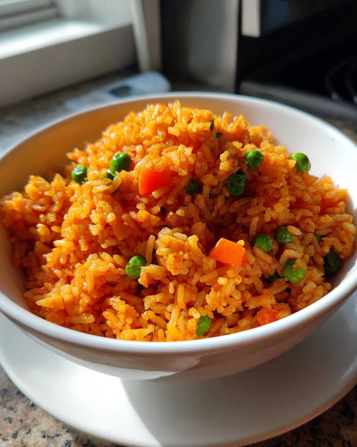 Close-up of fluffy, orange-colored spanish rice mixed with bright green peas and diced carrots in a white bowl.